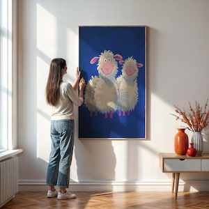 Póster de dos ovejas, adorable arte mural de animales de granja, decoración infantil divertida, decoración infantil divertida, decoración del hogar con animales juguetones