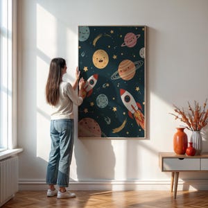 Cute Space Wall Art for Kids Room or Nursery, Rocket and Planet Poster with Smiling Planets, Framed or Rolled Galaxy Decor Gift