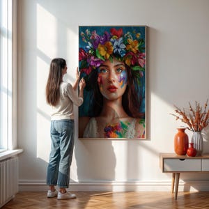 Retrato de mujer colorido con flores, arte mural floral bohemio, impresión en lienzo vibrante y femenina (con o sin marco)
