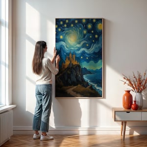 Fantasy Schloss Sternennacht Wandkunst, Van Gogh inspiriert Leinwanddruck, magisches traumhaftes Gemälde, gerahmtes oder ungerahmtes Poster für Wohnkultur
