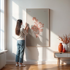 Arte de parede botânica com tema de mercado de flores, impressão de desenho minimalista moderno, arte floral em vermelho e laranja, decoração estética para escritório, presente exclusivo