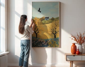 Large Framed D Lacey Derstine Print, Dairy, 1993, Cow in Field