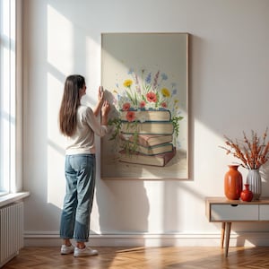 Floral Book Stack Poster, Botanical Library Wall Art, Vintage Book Lover Gift, Reading Nook Decor, Literary Watercolor Art Print