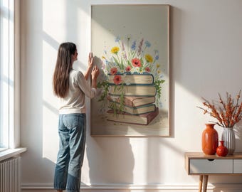 Floral Book Stack Poster, Botanical Library Wall Art, Vintage Book Lover Gift, Reading Nook Decor, Literary Watercolor Art Print