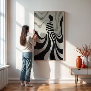 Black And White Abstract Woman Silhouette Wall Art Print With Flowing Lines, Modern Feminine Minimalist Poster, Framed Or Unframed