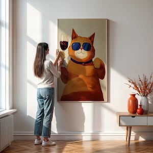 Framed or Unframed, Wine Cat Poster Print, Quirky Animal Home Decor, Funny Cat with Wine Glass Wall Art, Playful Kitchen Dining Room Art