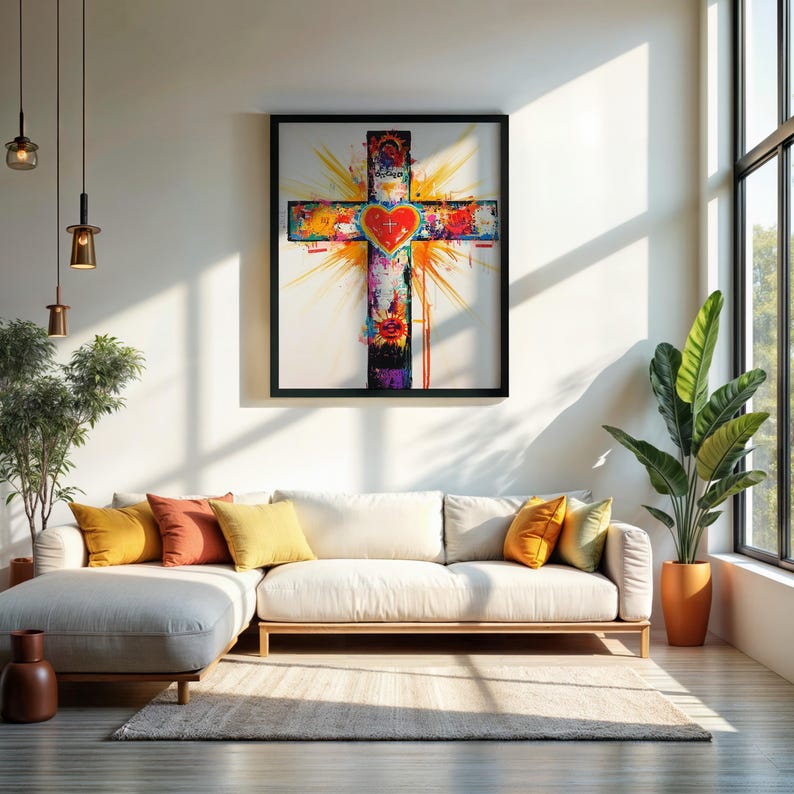 Colorful Christian Cross Print, Modern Abstract Heart Art, Framed or ...