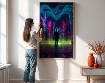Futuristic Neon City Wall Art Print  Cyberpunk Aesthetic Poster with Glowing Lights, Synthwave Sci-Fi Poster Decor for Modern Interiors