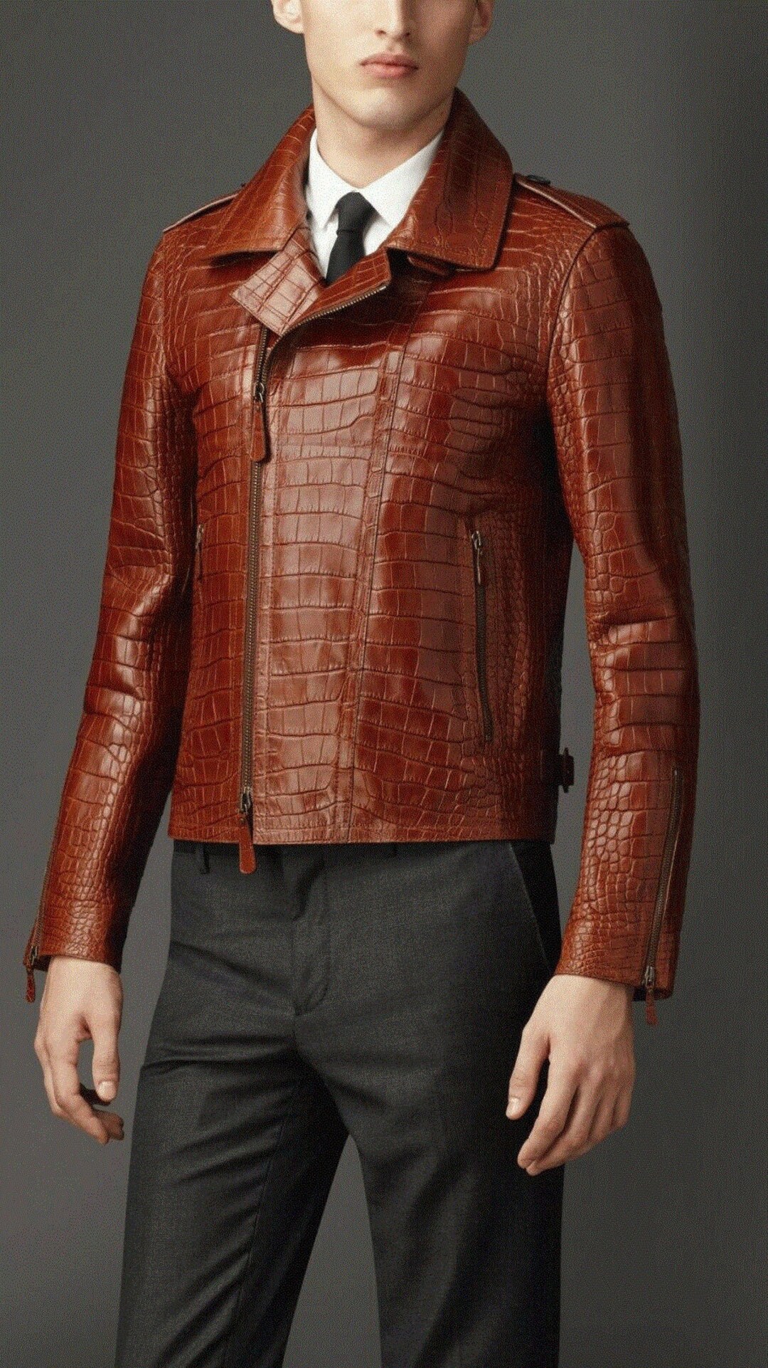 Handmade Mens Genuine Brown Crocodile Cowhide Print Leather Police Uniform Style Shirt –Club wear