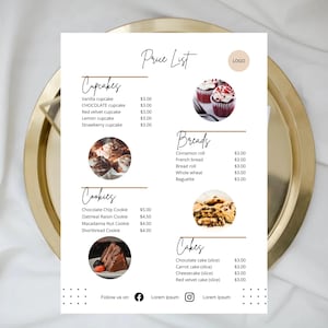 Modelo de menu de padaria | Lista de preços de padaria | Modelo de lista de preços de padaria | Menu de café | Modelo Canva | Preços de cupcake | Lista de preços de bolo