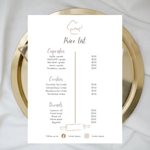 Lista de preços de padaria | Modelo de lista de preços de padaria | Menu de café | Modelo de menu de padaria | Modelo Canva | Preços de cupcake | Lista de preços de bolo