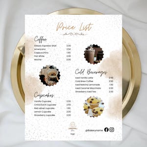 Modelo de cardápio de padaria | Lista de preços de padaria | Modelo de lista de preços de padaria | Cardápio de café | Modelo Canva | Preços de cupcake | Tamanho de carta dos EUA