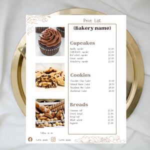 Lista de preços de padaria | Modelo de lista de preços de padaria | Menu de café | Modelo de menu de padaria | Modelo Canva | Preços de cupcake | Lista de preços de bolo