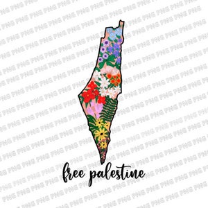 May include: An outline of the country of Israel filled with colorful flowers and the text "free palestine" in black cursive lettering.