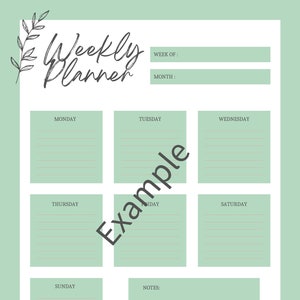 May include: A green weekly planner with a handwritten title "Weekly Planner". The planner has sections for each day of the week, Monday through Sunday, and a notes section.