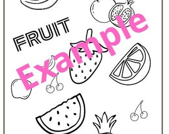 May include: A black and white coloring page with the word "FRUIT" at the top. The page features various fruits, including a banana, watermelon, cherries, a strawberry, a lemon, a pineapple, and a pomegranate.