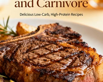 May include: A close-up of a grilled T-bone steak on a white plate, with roasted vegetables. The steak is a rich brown color with grill marks. The text reads "Complete Keto and Carnivore" and "Delicious Low-Carb, High-Protein Recipes".