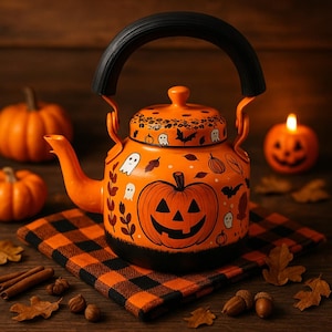 Halloween Pumpkin Kettle, Hand-Painted Decorative 1.25L Aluminum Teapot, Festive Fall Home Decor