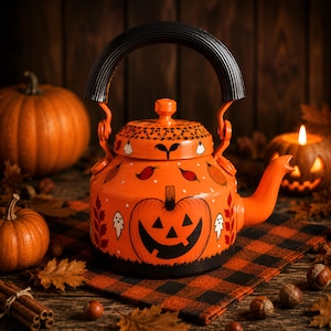 Peut inclure: Une bouilloire en métal orange ornée d'un visage de citrouille d'Halloween noir, de petits fantômes blancs et de motifs de feuilles d'automne. Elle possède une anse noire arquée, un couvercle orange assorti et un bec verseur incurvé.