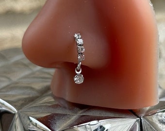 Silver and Gold dainty diamante nose ring with small gem drop