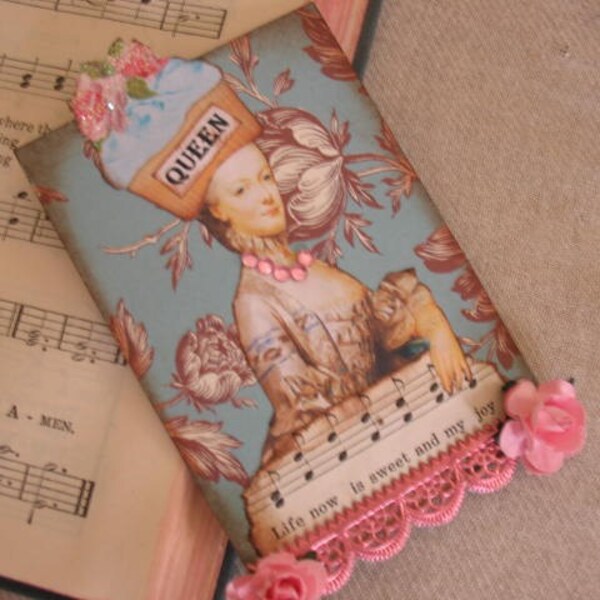 altered art QueeN cupcake hat Marie Antoinette aceo mixed media atc original