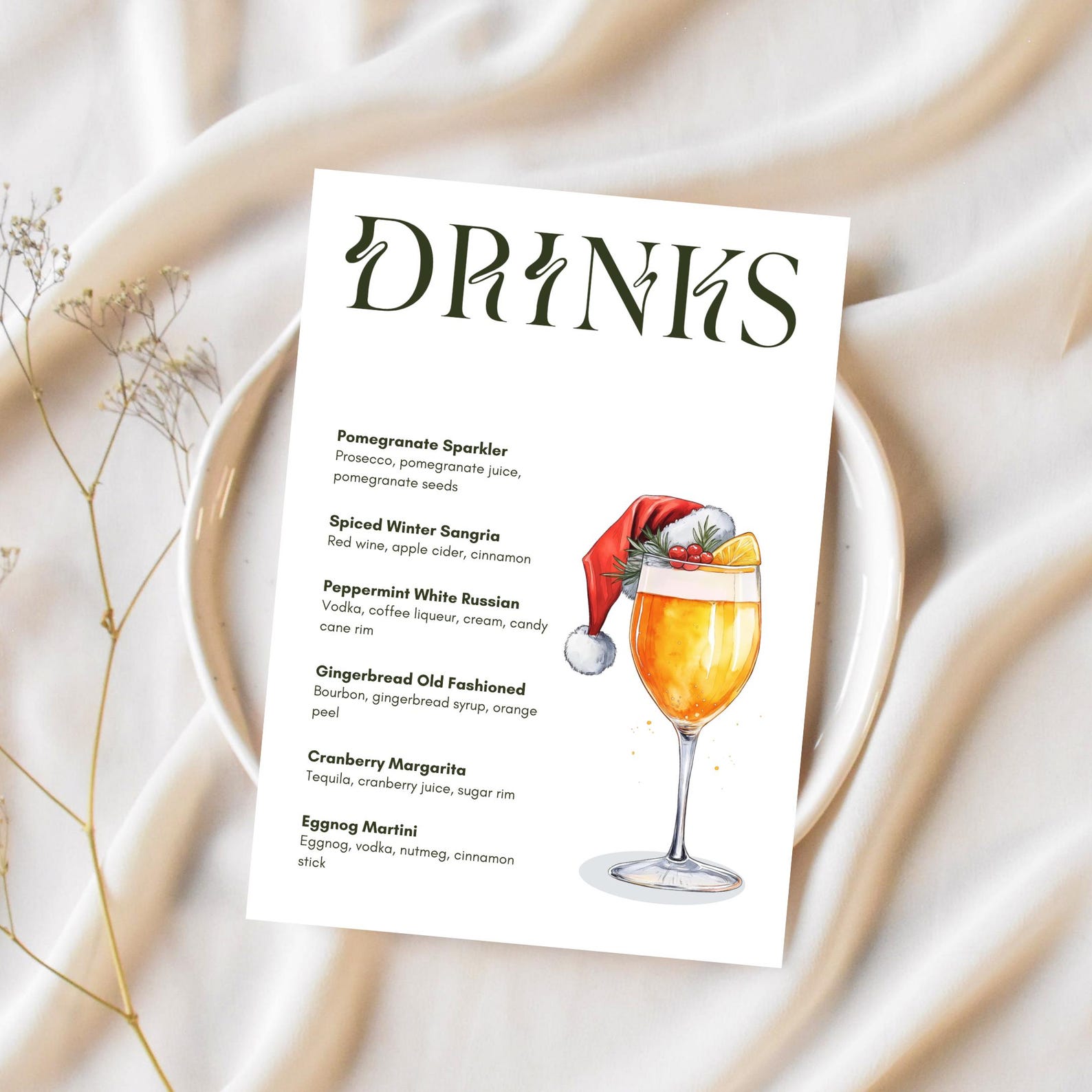 Christmas Drinks Menu, Printable Festive Drinks Menu, Editable