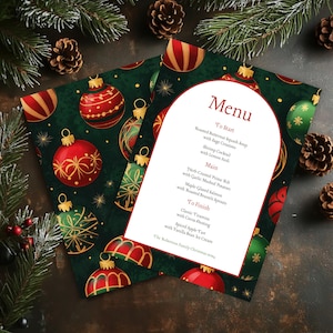 Świąteczne menu bożonarodzeniowe, edytowalne zielone i czerwone menu bożonarodzeniowe, dwustronne menu bożonarodzeniowe, drukowane menu świąteczne