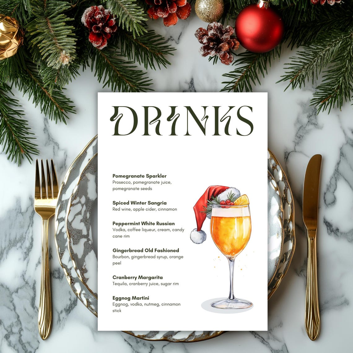 Christmas Drinks Menu, Printable Festive Drinks Menu, Editable