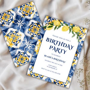 Printable Lemon Invitation for Birthday Party, Editable Lemon Birthday Invite, Lemon and Blue Tile Invitation, Mediterranean theme