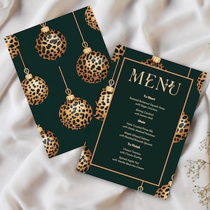 Szablon świątecznego menu z nadrukiem w panterkę, nowoczesne menu świąteczne do druku, edytowalne eleganckie menu świąteczne na przyjęcie obiadowe