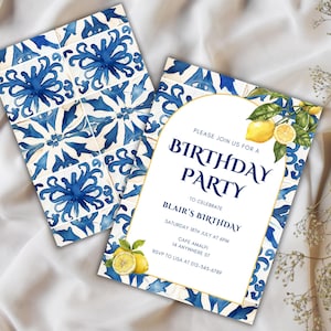 Lemon Invite for Birthday Party, Mediterranean Tile Party Invitation, Printable Lemon Birthday Invite. Editable Amalfi Themed Invite