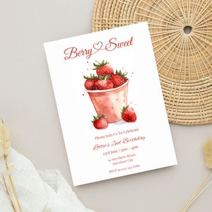 Strawberry Invitation, Strawberry Watercolour Invitation, Editable Strawberry Invitation for Birthday Party