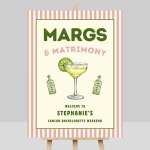 Margaritas Welcome Sign for Hen Party, Pink and Green Margs and Matrimony Welcome Poster, Printable Final Fiesta Party Sign