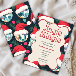 Faire-part de fête de Noël boule à facettes, invitation imprimable Noël boule disco bonnet de Noel, Invitation Jingle Mingle modifiable