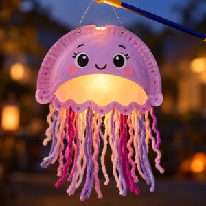 Puede incluir: Una linterna de medusa hecha a mano con un plato de papel de color morado claro con una cara sonriente, mejillas rosadas y ojos negros grandes. La linterna tiene una luz cálida interna y largos tentáculos de lana en tonos rosa, morado y blanco.