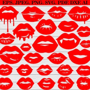 May include: A selection of red lip outlines in diverse designs, including dripping and vampire fangs. The image features the text "EPS. JPEG. PNG. SVG. PDF. DXF. AI" at the top, denoting file formats.