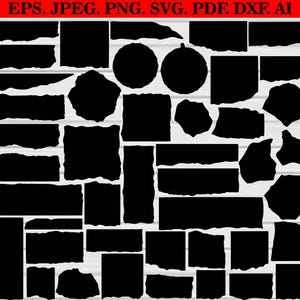 Puede incluir: Un diseño digital que presenta una colección de formas negras con bordes rasgados, incluyendo rectángulos, cuadrados y círculos. La parte superior de la imagen tiene el texto "EPS. JPEG. PNG. SVG. PDF. DXF. AI" en rojo.