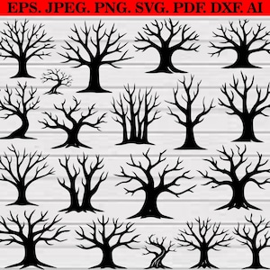 May include: A collection of black tree silhouettes in various shapes and sizes. The trees have bare branches and trunks, suitable for crafting or design projects. The image includes the text "EPS. JPEG. PNG. SVG. PDF. DXF. AI."