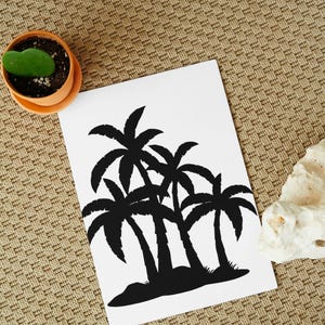 May include: Black silhouette of three palm trees on a white background.
