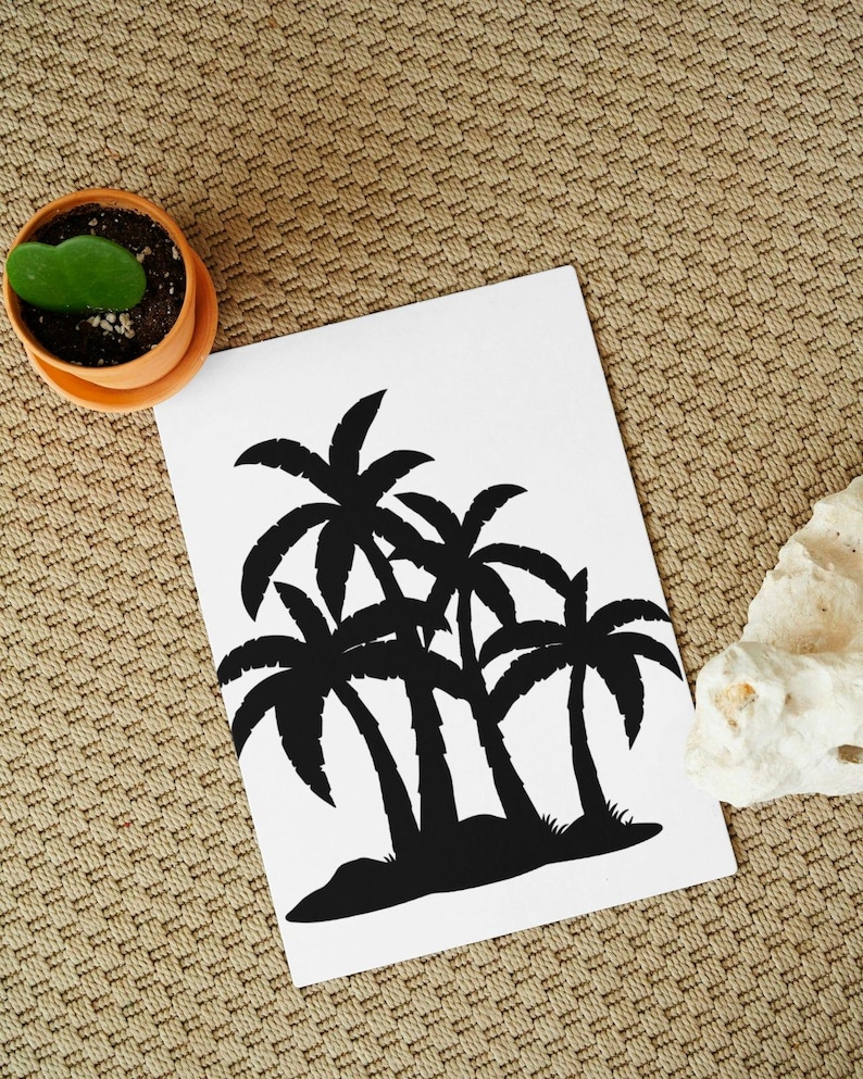 May include: Black silhouette of three palm trees on a white background.