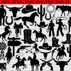 May include: A collection of black silhouette images with a Western theme. Includes cowboys, horses, cowboy boots, hats, cacti, a windmill, a covered wagon, and other related elements. The text at the top reads "EPS. JPEG. PNG. SVG. PDF. DXF. AI."