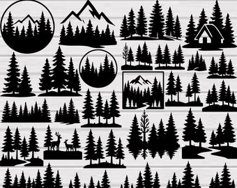 Waldszene SVG-Bundle, Waldszene Clipart, Waldszene Cut-Dateien für Circut, Waldszene Tiere zwart, Waldberge-Svg, Wald-Svg