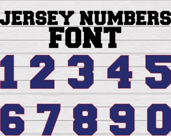 May include: Image features a jersey numbers font in a bold, block style. The text "JERSEY NUMBERS FONT" is displayed at the top. Numbers 1 through 0 are shown in a navy blue color. The image also includes file type extensions.