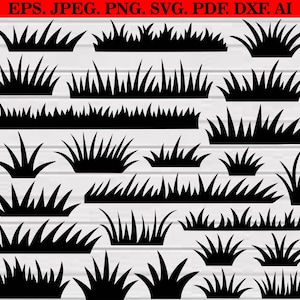 May include: Black grass silhouettes in various shapes and sizes, perfect for digital design projects. The image includes text at the top: EPS. JPEG. PNG. SVG. PDF. DXF. AI.