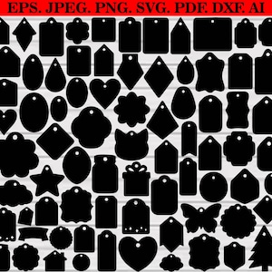 May include: A selection of black silhouette tags in diverse forms, such as rectangles, circles, hearts, and stars. The tags are arranged in a grid, ideal for crafting or design projects. The image also includes the text "EPS. JPEG. PNG. SVG. PDF. DXF. AI."
