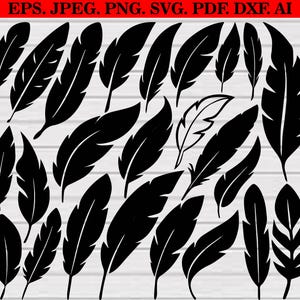 May include: A collection of black feather silhouettes in various shapes and sizes, suitable for digital design projects. The image includes the text "EPS. JPEG. PNG. SVG. PDF. DXF. AI."