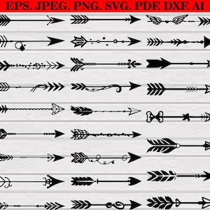 Peut inclure: Une collection de flèches noires de différents styles. Les flèches présentent divers éléments décoratifs, notamment des plumes, des feuilles et des motifs géométriques. L'image comprend également le texte "EPS. JPEG. PNG. SVG. PDF. DXF. AI".