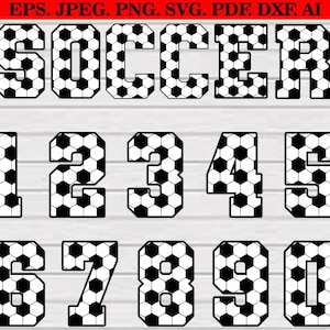 May include: Black and white soccer ball-themed letters and numbers. The word "SOCCER" is displayed above the numbers 1 through 0. The letters and numbers are filled with a soccer ball pattern.
