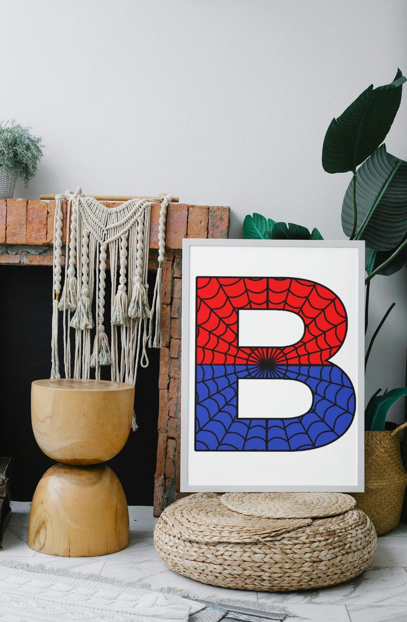 May include: A framed print of the letter "B" with a red and blue spiderweb design. The letter is white and the spiderweb is black.
