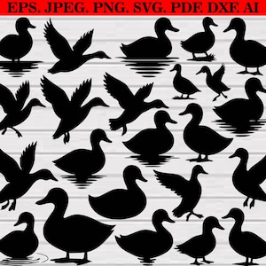May include: A collection of black duck silhouettes in various poses, including swimming, flying, and standing. The image features ducks with wings spread, in flight, and at rest, suitable for crafts and design projects.